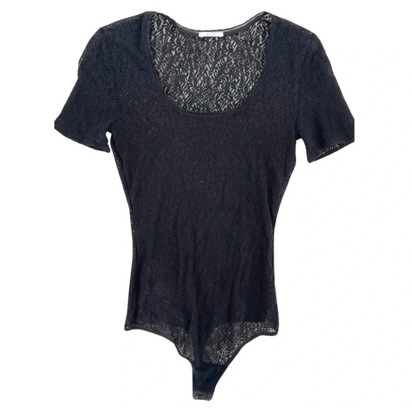 Wolford Sheer Lace Mesh Short Sleeve Scoop Neck Bodysuit in Black Size Small - Picture 1 of 5
